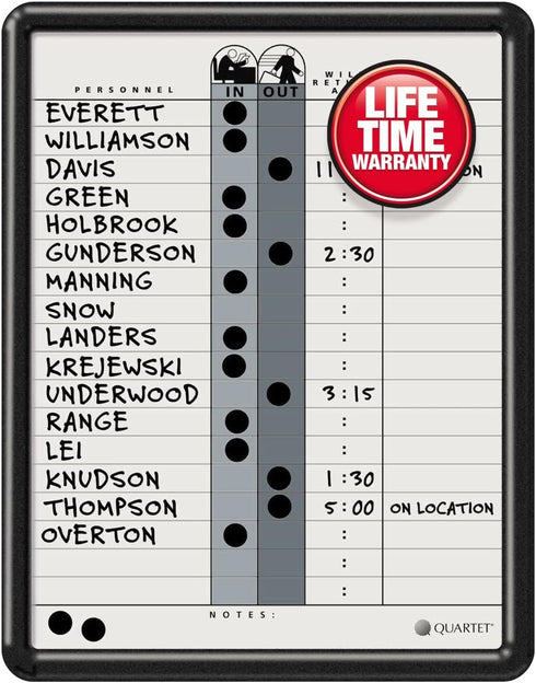 Quartet In/Out Board, 11" x 14", DuraMax Porcelain, Classic Gray, Black Frame, 18 Names