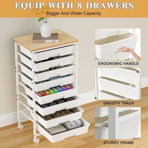 Wufuuoa 8 8-Tier Rolling Storage Cart with Drawers,Utility Cart on Wheels with Wooden Tabletop Craft Storage Trolley