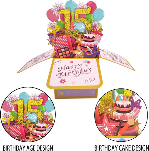 Asmallgf 15th 15 3D 15 Sweet Birthday Popup Card for Him Her, Naughty Fifteen Bday Gifts for Teen Girls Boys, Happy