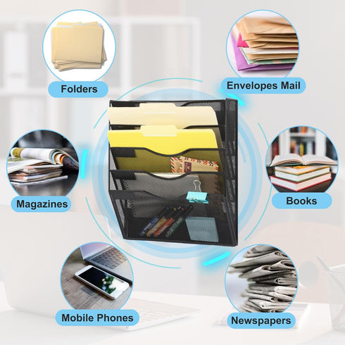 EASEPRES Magnetic 5 Pocket Mesh Hanging File Organizer, Wall Mounted Document Holder for Office Home School.