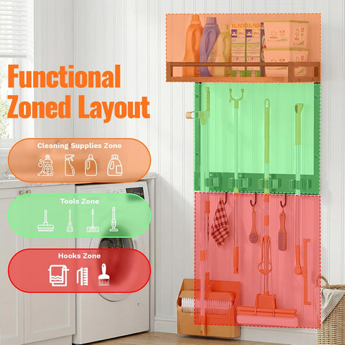 66LBS 4 3 Closet, 1 Pack Broom Holder Wall Mount with Shelf Load Broom and Mop Organizer Wall Hanging Broom Hanger