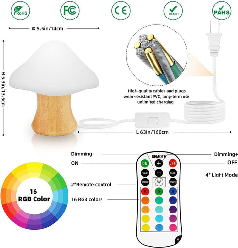 16 ANGTUO Wooden Mushroom Lamp, Color Changing Mushroom Night Light with Two Remote Controls