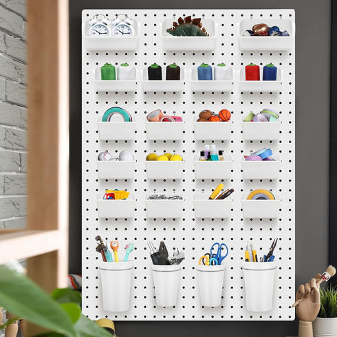 Roowest 60 Pcs Pegboard Cups Set, Wall Organizer with Hooks and Loops for Office Storage, Garage, Craft Workshop, White