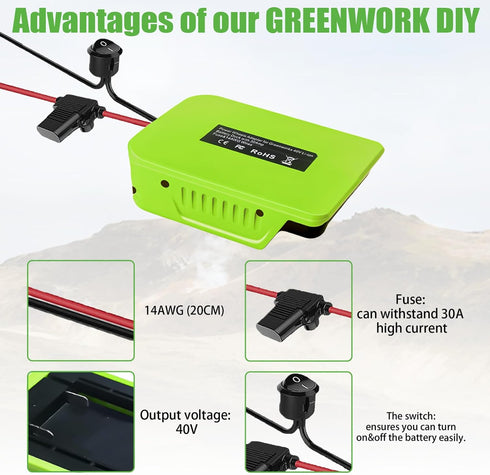 Power Wheel Adapter for Greenworks 40V Lithium-ion Battery with Fuse & Switch, with 14 Gauge Wire, Good Power Convertor for DIY Ride On Truck, Robotics, RC Toys and Work Lights