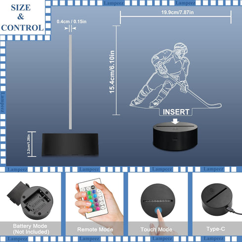3D 16 Lampeez Kids Ice Hockey Player Night Light Optical Illusion Lamp with Colors Remote Control Changing Birthday