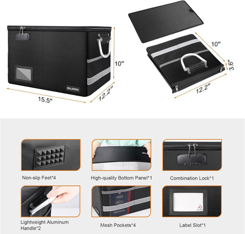 Fireproof Document Box with Lock, Portable File Organizer Storage Box for Legal/Letter Size Hanging Folders, Collapsible