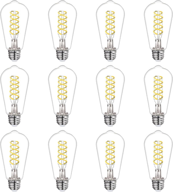 Dimmable LED Edison Bulbs, 6W Equivalent to 60W, E26 5000K ST58/ST19, 12 Pack Antique Flexible Spiral