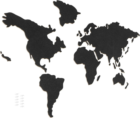 Navaris Cork Board World Map, Self-Adhesive Corkboard for Wall, 18 Cork Pieces and 10 Pins, Black