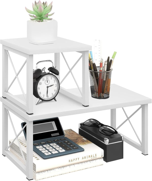 ELITEROO White Wood Desktop Shelf, 2 Tier Freestanding Small Bookshelf, Adjustable Storage Organizer for Kitchen