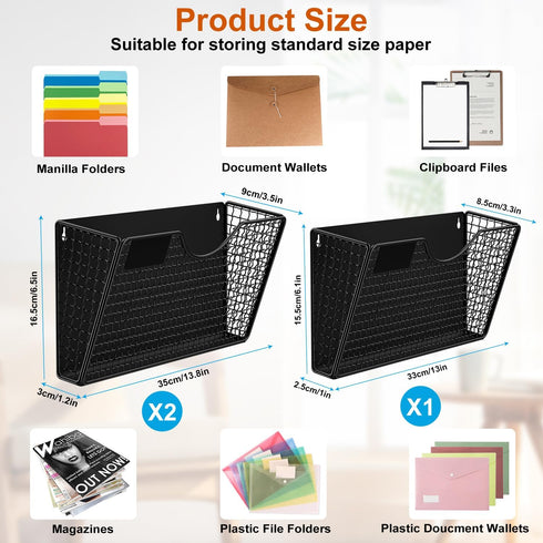 MFTEK Magnetic File Holder, 3 Pockets Wall File Folders, No Drilling Magnetic Paper Holder for Document and Mail