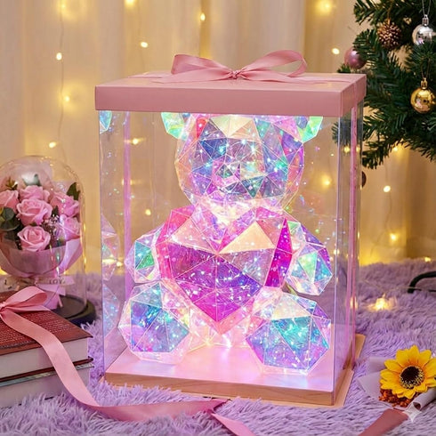Aladdinas LED Teddy Bear Night Light, Holographic Iridescent Design, Nursery Decor Display Box with Ribbon (Pink Hear