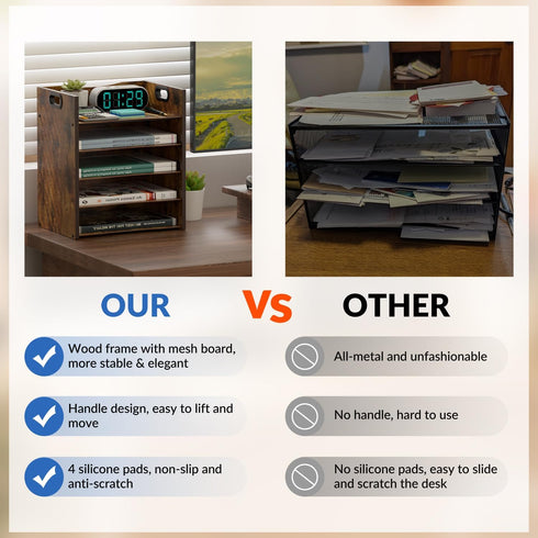 File Organizer for Desk, Wood Desk Organizer, 5 Tier Office Accessories with Handle, Mesh File Organizer