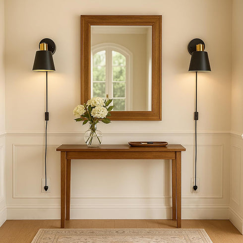YJQHXY Set 2 3-Prong of Black & Gold Wall Sconces, Plug-in or Hardwired, Adjustable Metal Shade, Reading Lights