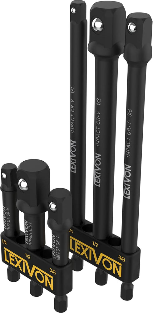 LEXIVON 6-Piece Impact Grade Socket Adapter Set - 3" & 6" Extension Bit With Holder | 1/4", 3/8", and 1/2" Drive, Adapt Your Power Drill To High Torque Impact Wrench (LX-105) by LEXIVON
