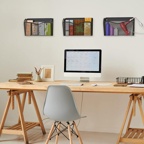 Wall File Organizer, Mesh Hanging File Organizer with 3 Single Pockets for Home Office Organization and Storage
