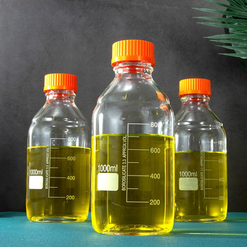 1000ml Round Borosilicate Glass Media Storage Bottles with GL45 Screw Cap, Maximum Temperature 249.8°F, Pack of 3