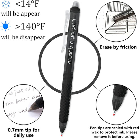 Vanstek 18 Black Retractable Erasable Gel Pens, Fine Point (0.7), Premium Comfort Grip, Black Ink for Note Taking,