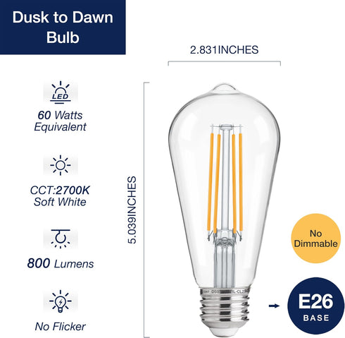 FLSNT Dusk to Dawn Outdoor Sensor ST19 LED Light Bulb, 7W (60W Eqv.), 800LM,Vintage Filament E26 Base, Auto On/Off Photocell Automatic for Energy-Efficient Outdoor Lighting, 2700K Soft White, 4 Pack by FLSNT