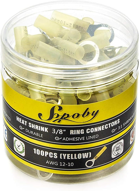 Sopoby 100PCS Heat Shrink Ring Connectors, 3/8" Yellow, 12-10 AWG, Electrical Crimp Connectors
