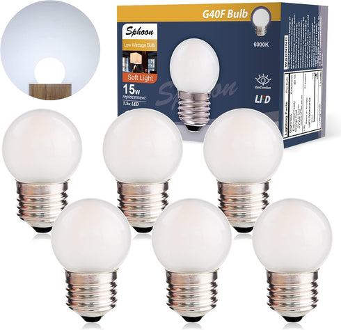 Tiny G40 Globe LED Low Watt Light Bulbs 1.5W Equivalent 15W, Soft White 6000K Frosted, E26 Base, Pack of 6 for Home