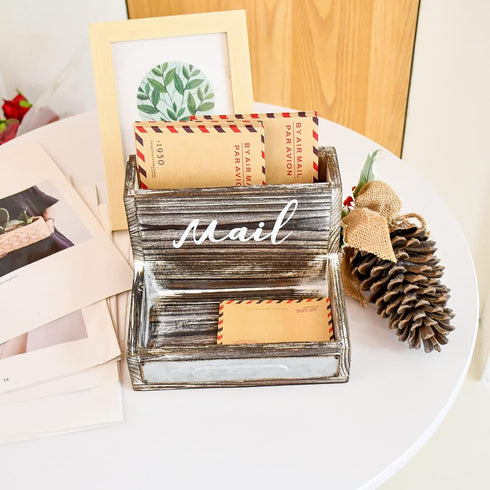 Farmhouse 2 Tier Mail Organizer, Rustic Wooden Desk Mail Holder, Countertop Letter Sorter, Office Desk Accessories