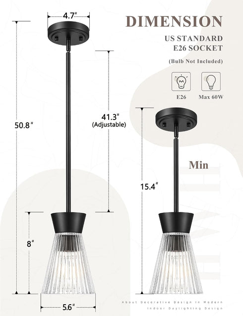 1-Light 5HZG107MIL Modern Pendant Light, HWH Adjustable Hanging Lighting for Kitchen, Living Rooms, Bedrooms, Black