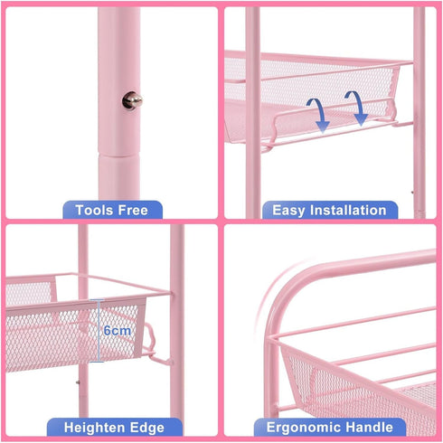 Generic 3 Rolling Cart Organizer Tier, Mesh Utility Cart with Wheels, Office School Storage Cart - Pink