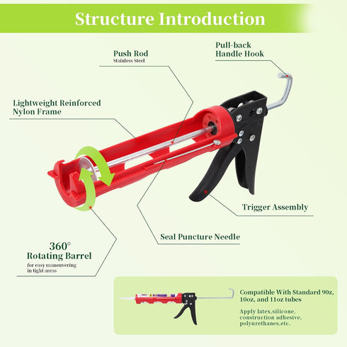 Drip-Free Caulking Gun Applicator, 15:1 Thrust Ratio, Lightweight Nylon Frame for 10oz/300ml Caulk Tubes