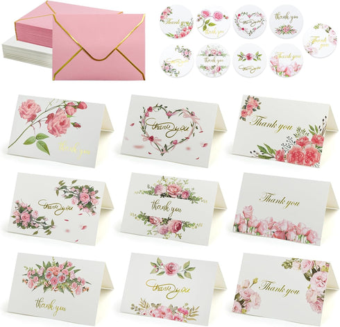 VANRA Floral Thank You Cards with Envelopes and Stickers Bulk 90 Pack,