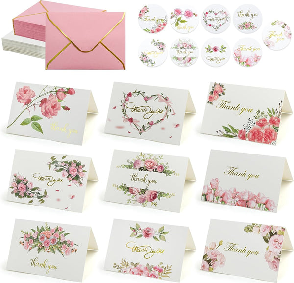 VANRA Floral Thank You Cards with Envelopes and Stickers Bulk 90 Pack,