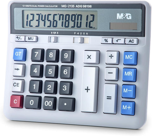 M&G Desktop Calculator, 12 Digits Extra Large LCD Display, Dual Solar Power and Battery, Basic Financial Calculator