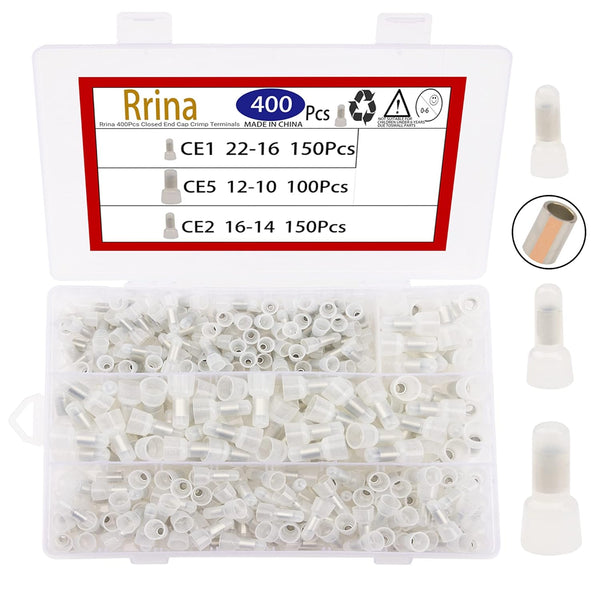 400Pcs Closed End Cap Crimp Terminals Red Copper Core and Nylon Wire Connectors Kit, 3 Sizes 22-16/16-14/12-10.