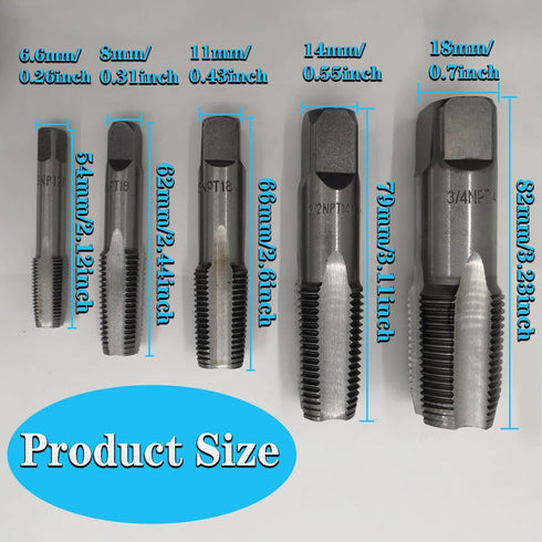 YUENTOEN 5 Piece NPT Pipe Tap Set, NPT Thread Forming Taps, GCR15 Drill Bits for Cleaning, Sizes 3/4", 1/2", 3/8",