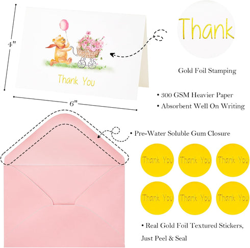 50 Pack Crisky Baby Shower Girl Thank You Cards with Envelopes Pink Baby Shower Greeting Notes Bulk (Cute Bear
