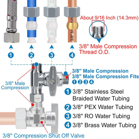 Brass Angle Stop Add-A-Tee Valve, 3/8 x 3/8" x 3/8" Compression Water Splitter