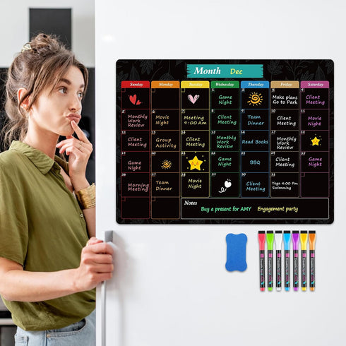 MaxGear Monthly Black Magnetic Calendar for Refrigerator, 16" X 12" Dry Erase Calendar with Markers and Eraser