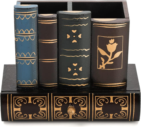 Tosnail Decorative Pen Holder with Storage Drawer, Antique Library Design Wooden Pencil Organizer for Office Supplies