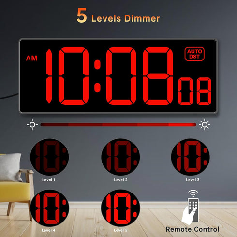 Countdown 5 Dimmer (10.2" Soobest Digital Wall Clock with Seconds for Gym, Remote Timer Large LED Display Red)