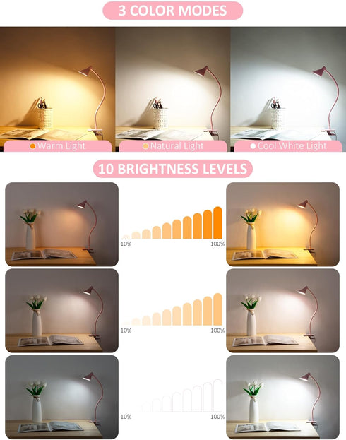 3 10 Dimmable BL08 LiFMIRA Pink Small Desk Lamp Clip on LED Reading Light for Bed, Color Modes Brightness, Book in Bed