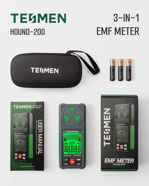 TESMEN EMF Meter, Hound-200 EMF Detector: 3-in-1 Portable Electromagnetic Field Radiation Detector for EF, RF, MF, WiFi
