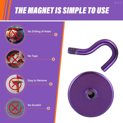 Neosmuk 6 Pack Heavy Duty Magnetic Hooks, Strong Neodymium Industrial Hooks for Fridge, Toolbox, Grill (Purple)