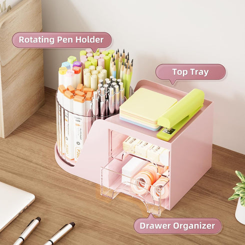 Marbrasse Desk Organizer with 2 Drawer, 360° Rotating Pen Holder, 6 Slots Pencil Organizer + 2 Drawer, Pink
