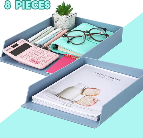 TecUnite 8 Pieces Stackable Blue Letter Trays for Desk, Rectangular Plastic File Organizer for Office Classroom Desktop