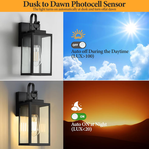 RLdream 11.8-inch IP65 Dusk to Dawn Outdoor Wall Lights, Black Exterior Light Fixture with Clear Tempered Glass