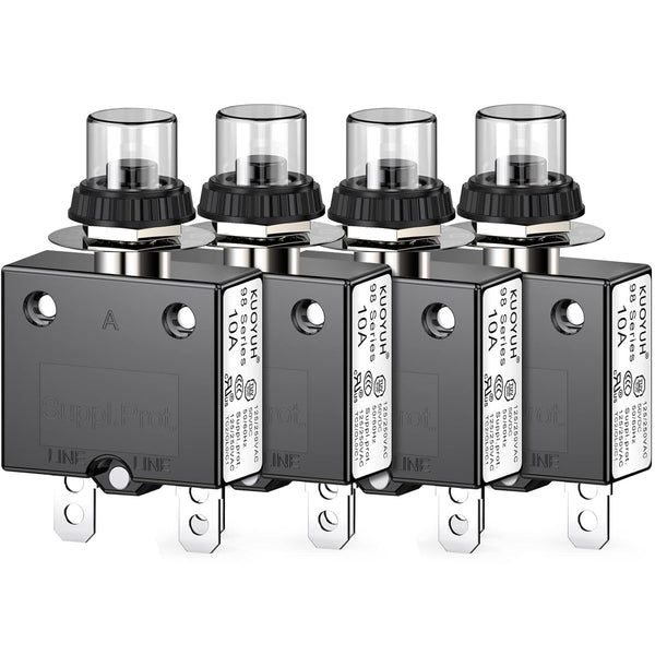 Thermal Circuit Breaker, 10 Amp Push Button Manual Reset, 32V DC, 125/250VAC, 4Pcs with Quick Connect Terminals