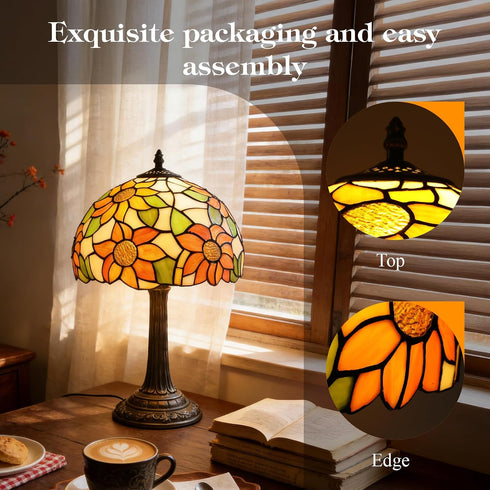 6 Inch Dimmable Bulb 2700K E27 Style Table Lamp with Stained Glass Sunflowers Small Antique Desk Lamp Bedside