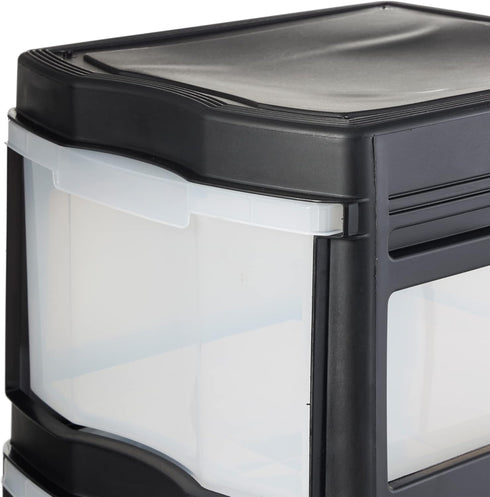 Life Story Classic 3 Tier Shelf, Standing Plastic Storage Drawers and Organizer with Wheels for Home, Black/Clear