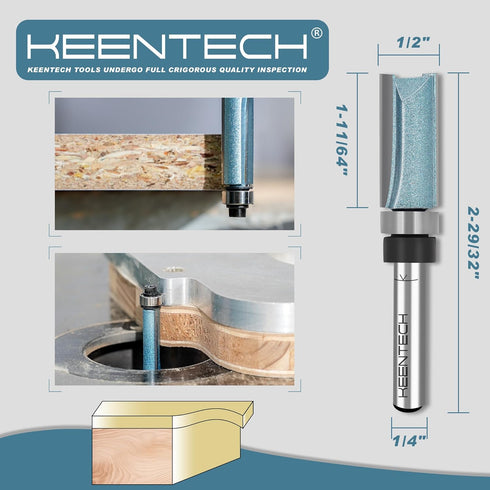 KEENTECH Router Bits 1/4" Shank, Flush Trim Router Bit, Top Bearing Carbide Tipped Pattern Bit, Template Straight Heavy Duty Woodworking Trimming Cutting Tool for Wood, 1/2" Diameter, 1-11/64" Depth
