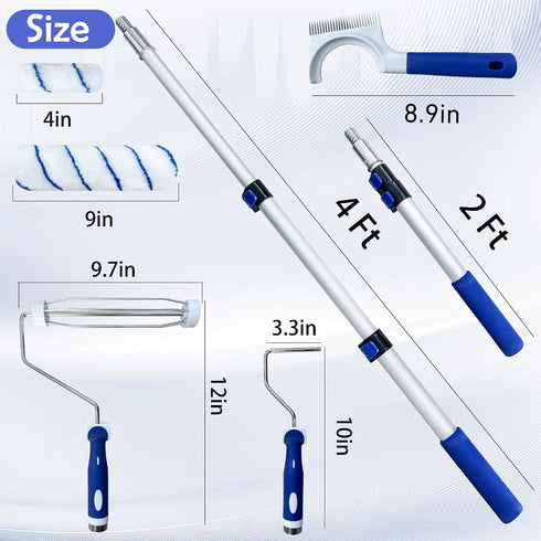 Dekonmon 16PCS, 9&4 Inch 2-4FT 4 Paint Roller Kit Paint Roller with Adjustable Stainless Steel Extension Pole