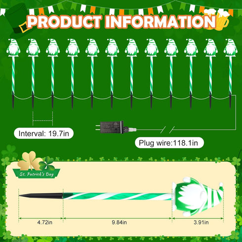 DTNESS 12 Packs 8 Lovely Elf Pathway Lights Outdoor Decorations for St. Patricks Day, Green Lucky Gnome w/ Modes